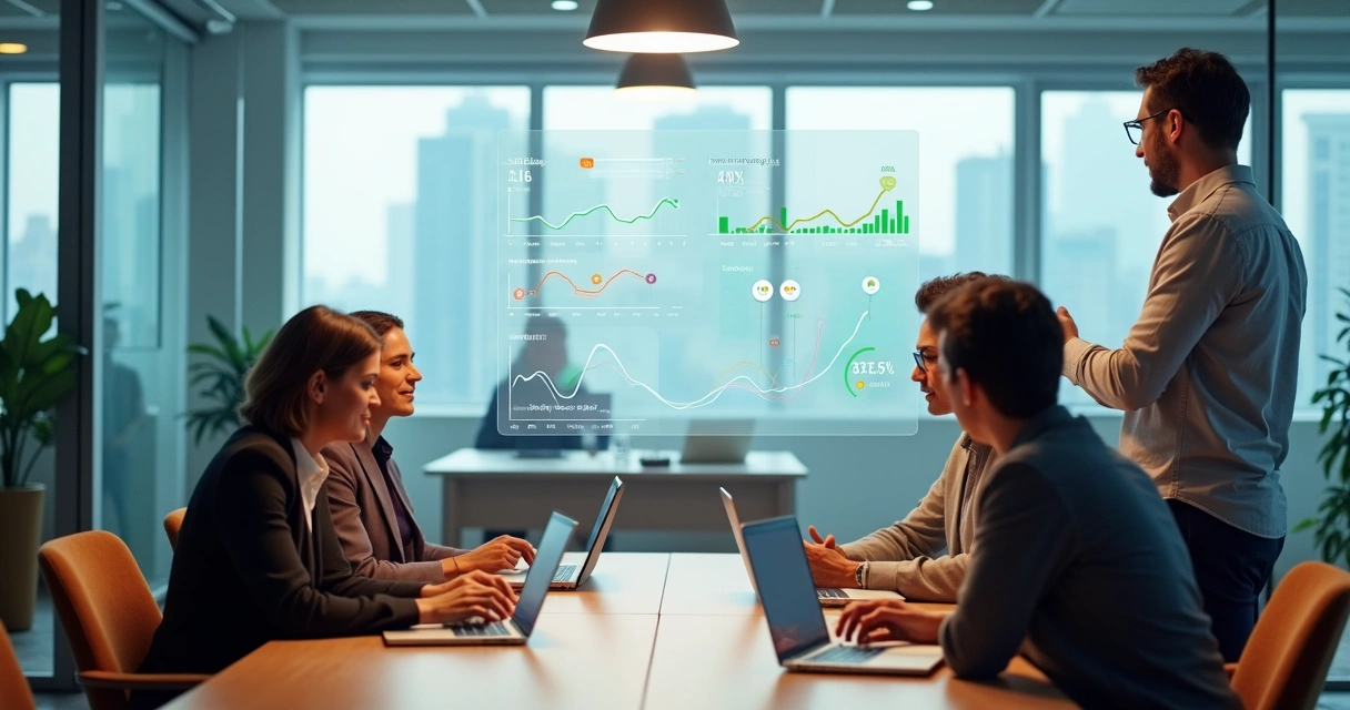 Gestor observando painel com métricas emocionais da equipe em escritório moderno 