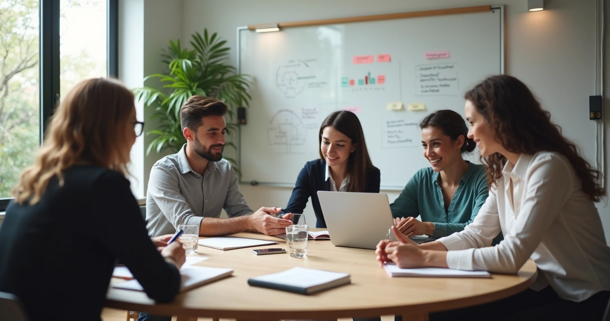 Equipe diversa em reunião colaborativa com foco em pequenas ações conscientes 