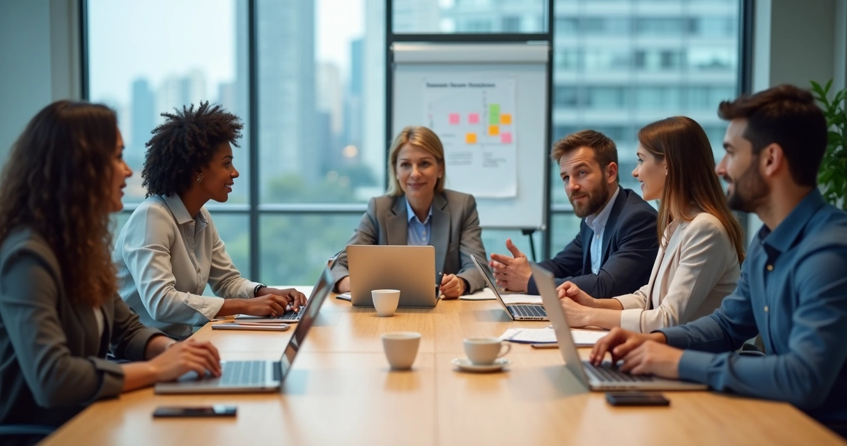 Reunião de equipe em escritório moderno com um colega isolado e desconfortável 