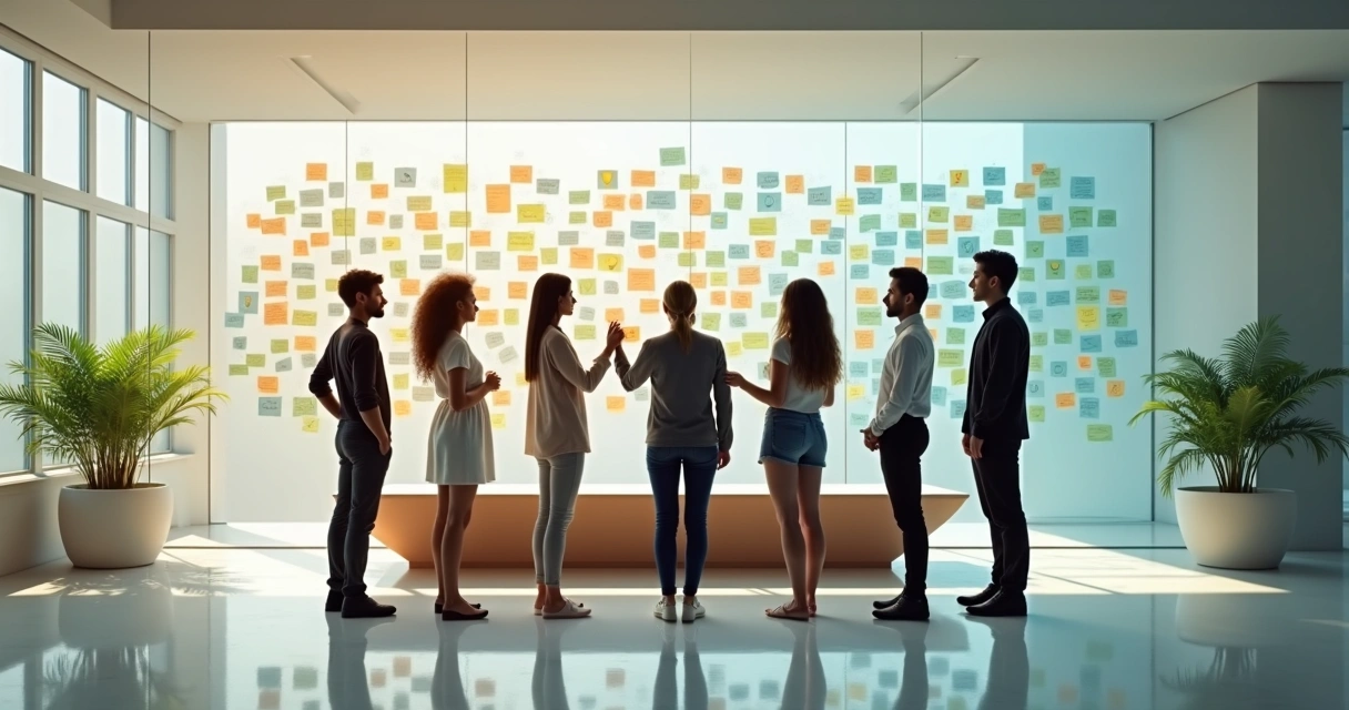 Equipe organizando pequenos cartões coloridos de aprendizado em parede de vidro 