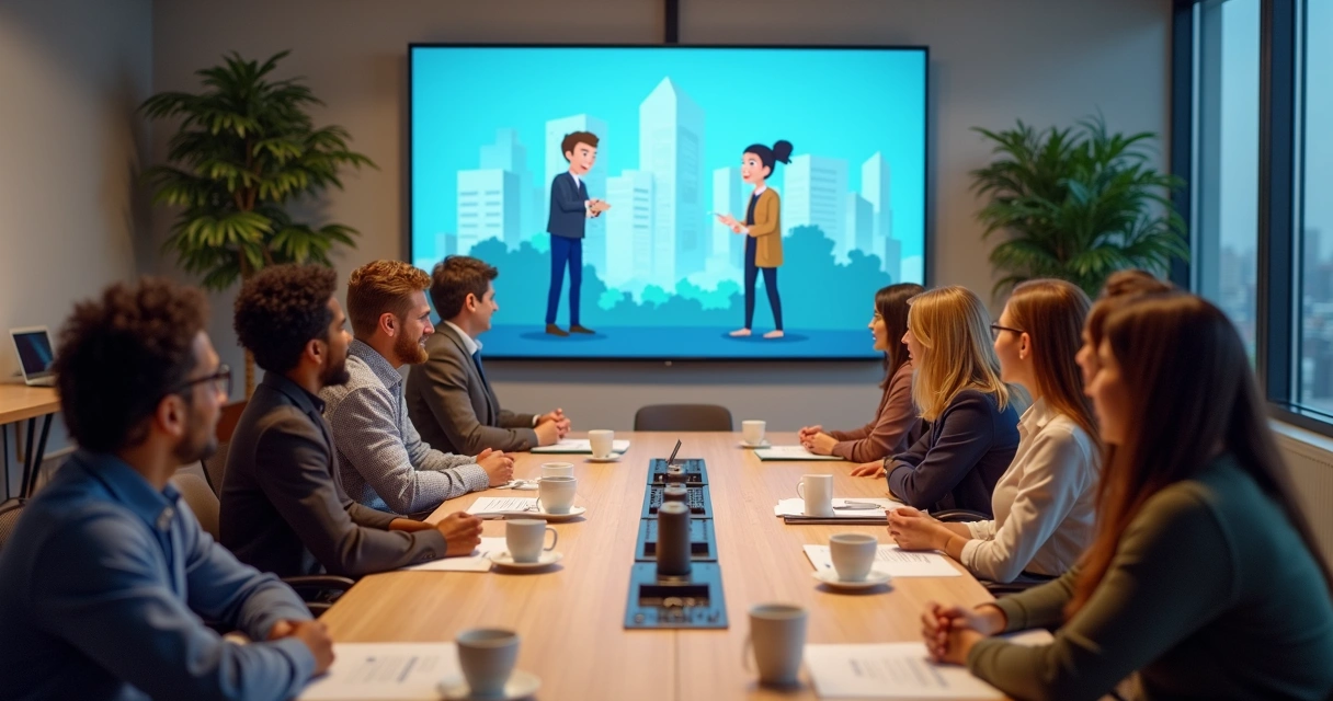 Equipe assiste módulo rápido de microlearning em sala de reunião 