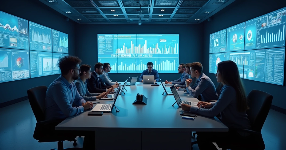 Equipe analisando gráficos digitais de campanhas online em sala de reunião tecnológica. 