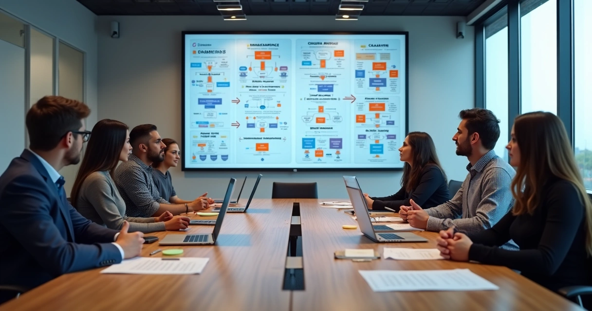 Equipe de TI analisando fluxos de sistema legado 