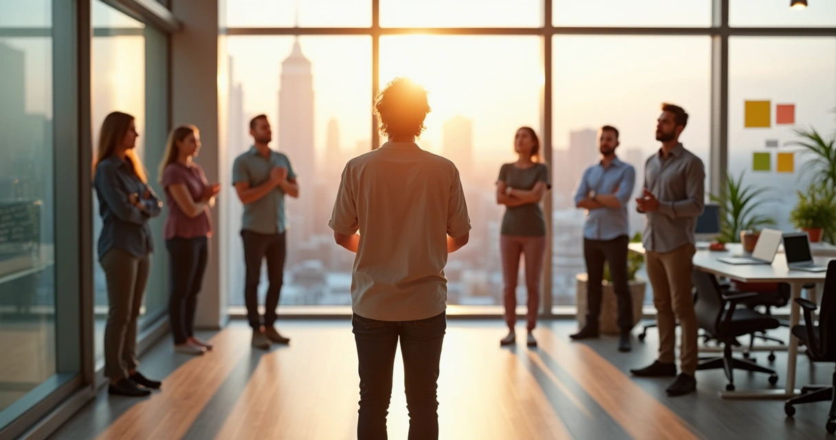 Equipe em escritório moderno praticando mindfulness em pé perto das janelas 