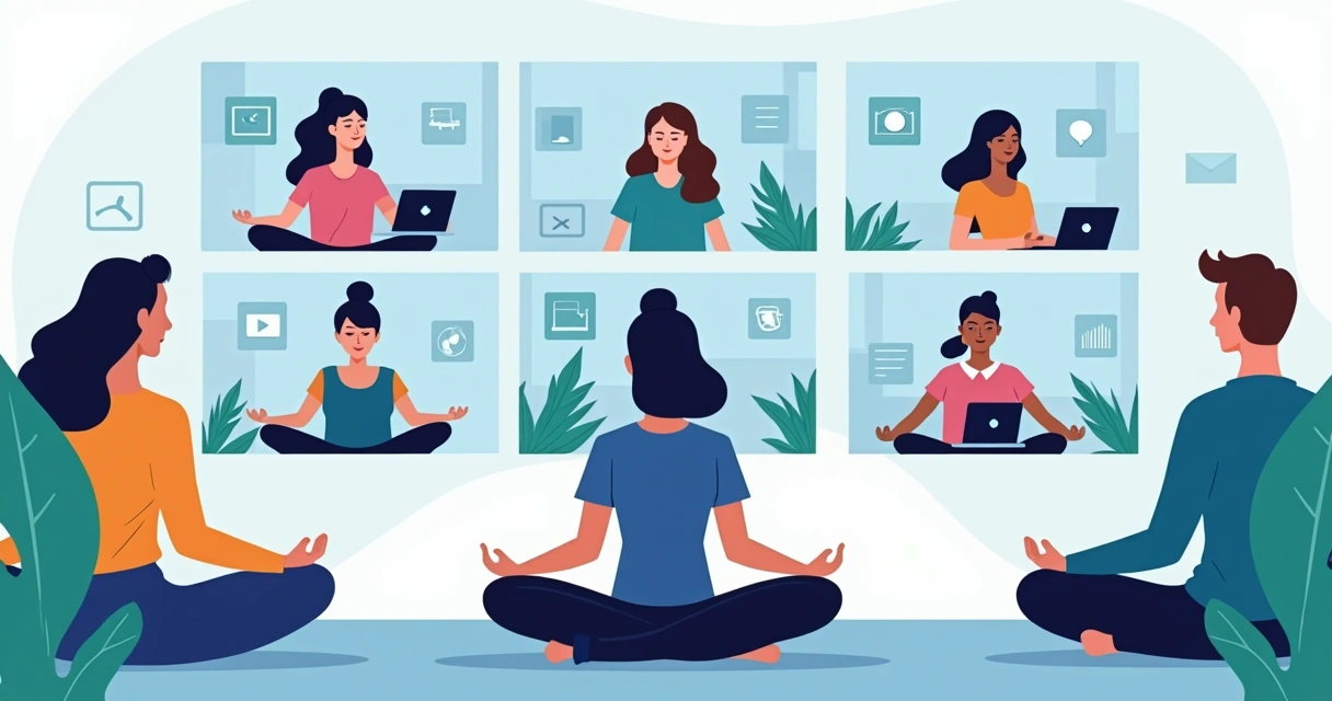 Equipe virtual participando de dinâmica de mindfulness por videoconferência. 