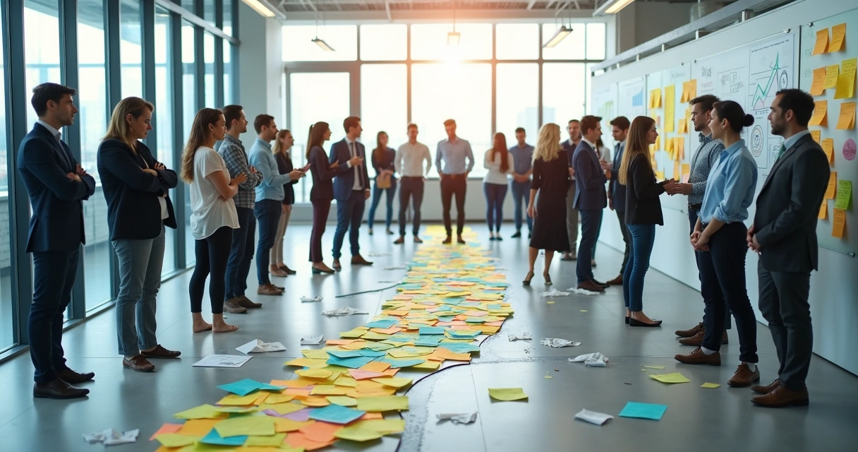 Grande equipe dividida por ponte de post-its avançando em direção ao crescimento 