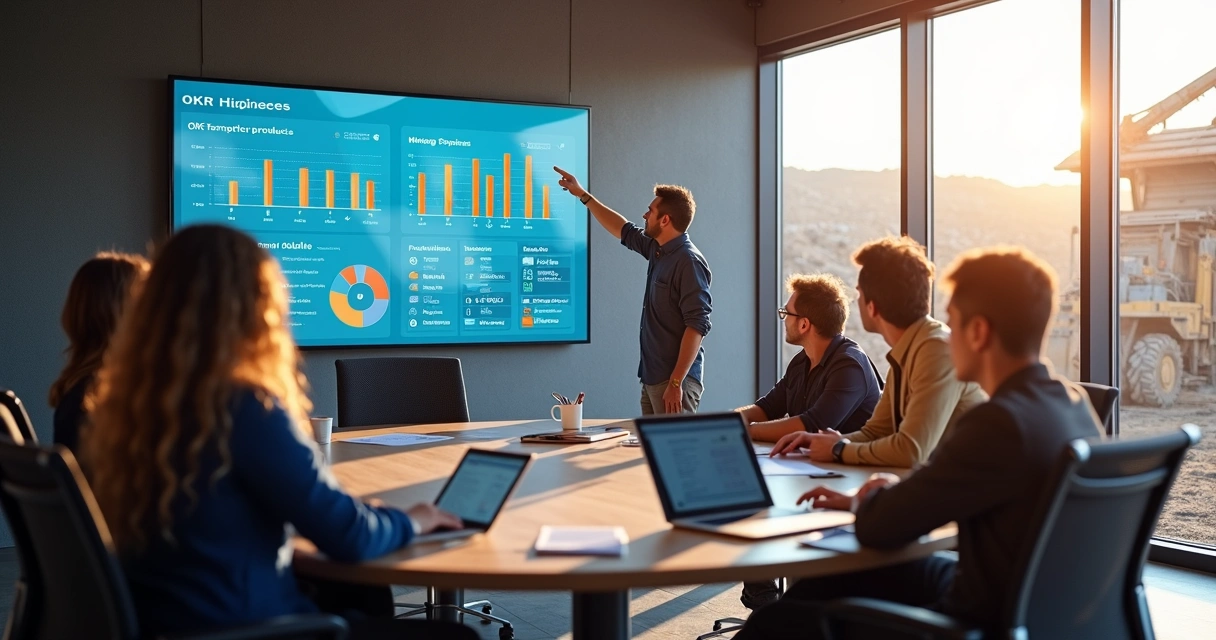 Equipe de mineração reunida planejando OKRs com painel ao fundo