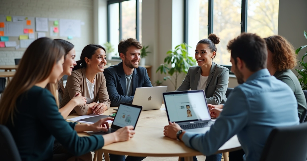 Equipe misturada presencial e remota usando laptops e tablets