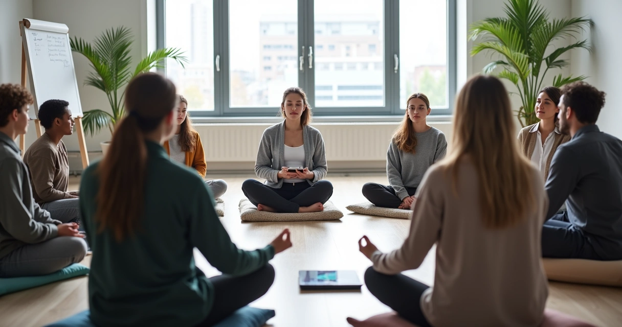 Equipe mista em círculo praticando meditação guiada em sala de reunião moderna 