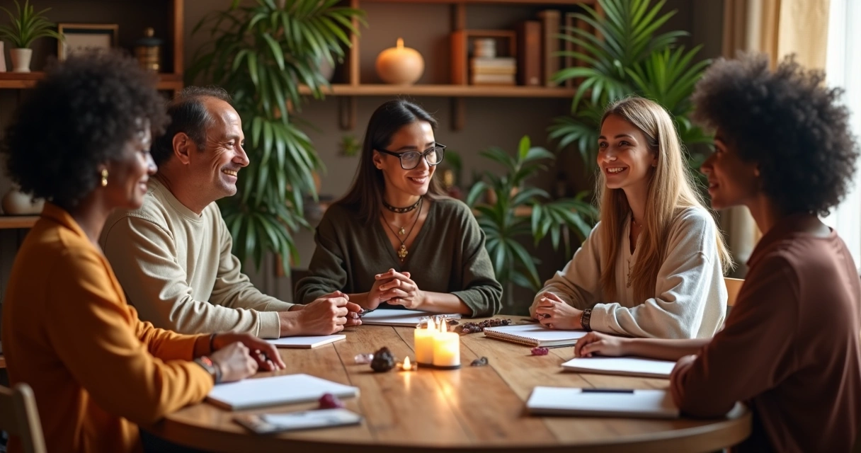 Equipe de consultores espirituais reunidos em sala acolhedora 