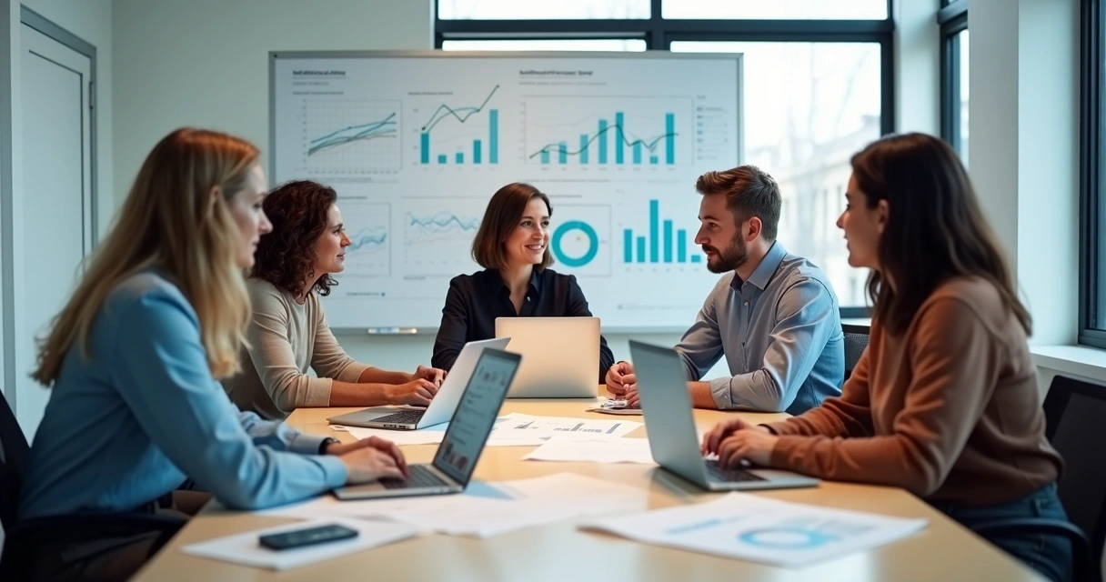 Equipe de marketing analisando relatórios na mesa de reunião