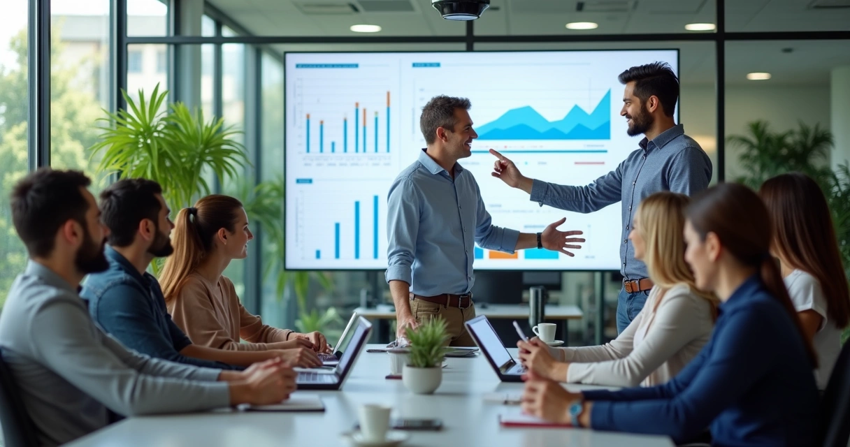 Colaboradores reunidos em ambiente de escritório com tecnologia moderna 