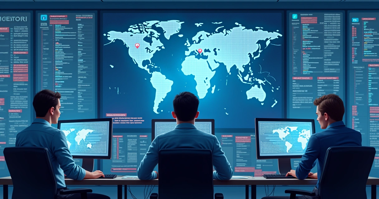 Equipe de segurança da informação trabalhando em telas com alerta de domínios suspeitos