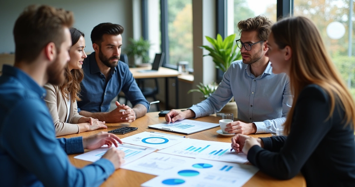 Equipe de profissionais avaliando dados de performance de sistema de IA em ambiente corporativo