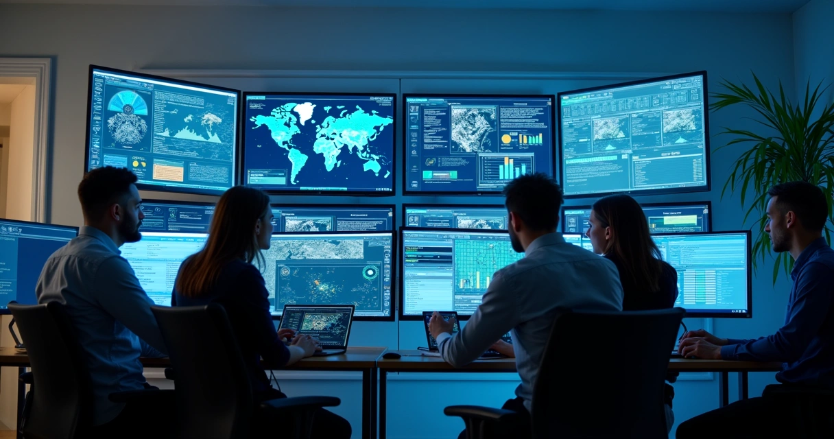 Equipe de suporte de TI monitorando sistemas com telas múltiplas