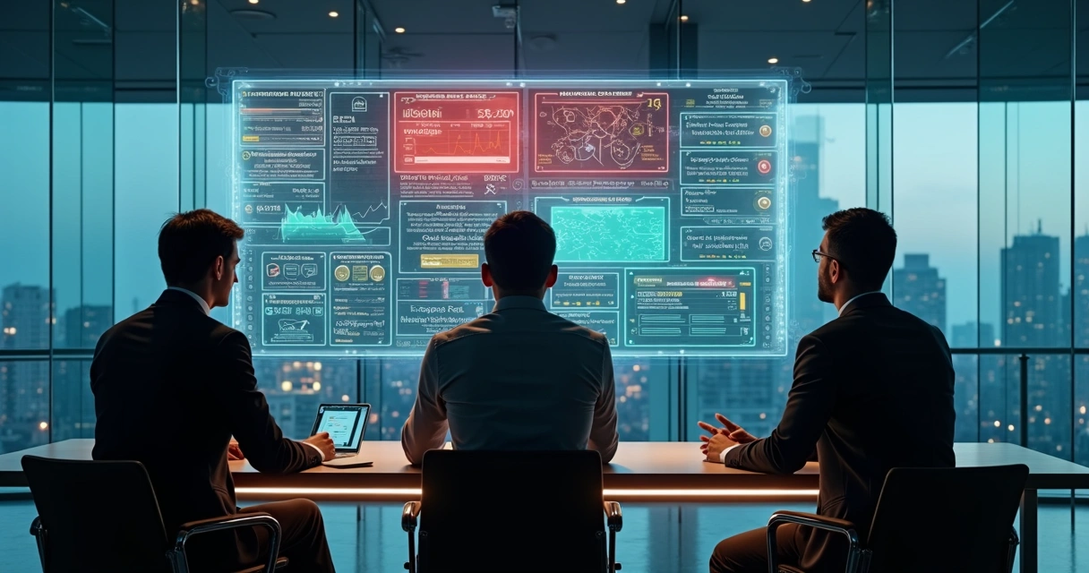 Equipe observando alertas em painel digital 