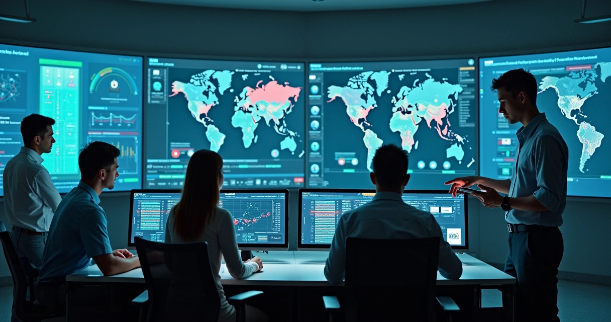 Equipe em centro de controle monitorando painéis com alertas de IoT em tempo real 