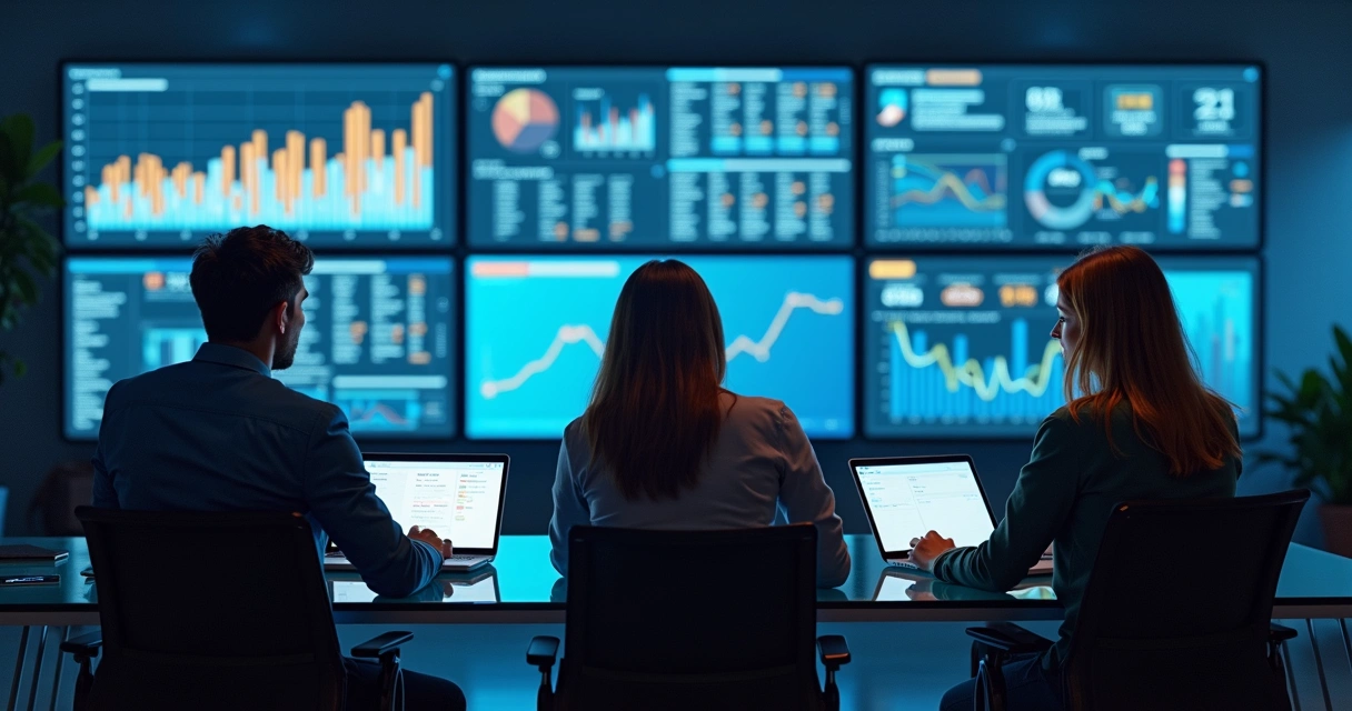 Equipe de análise monitorando gráficos de apps em telas grandes