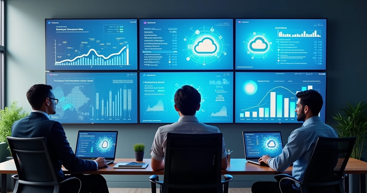 Equipe monitora dashboards e gráficos de backup em nuvem na empresa 