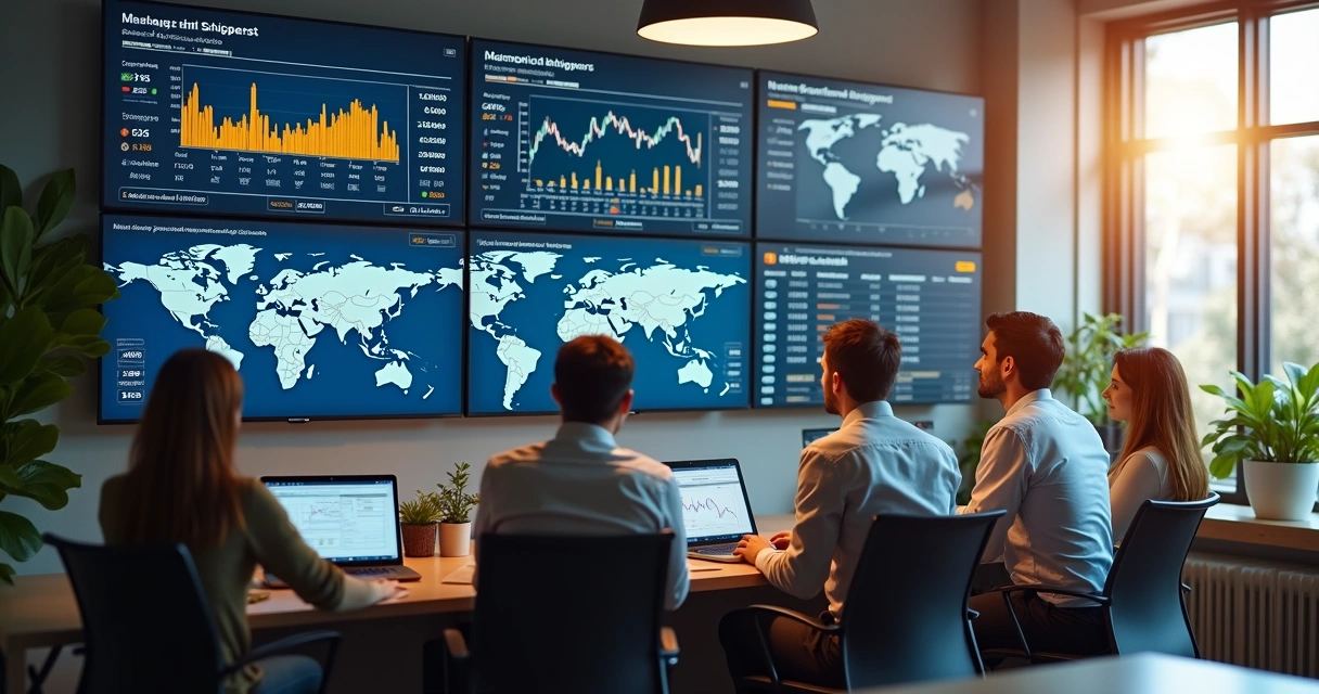 Equipe observa dashboards de câmbio na tela 