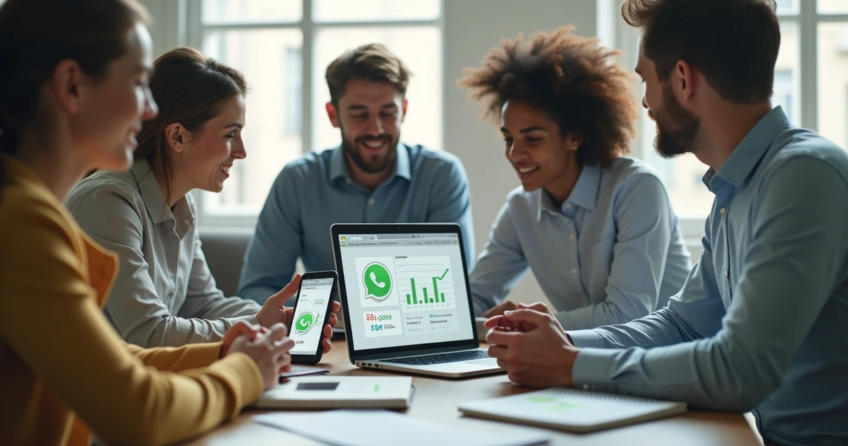 Equipe acompanhando métricas de campanha no notebook