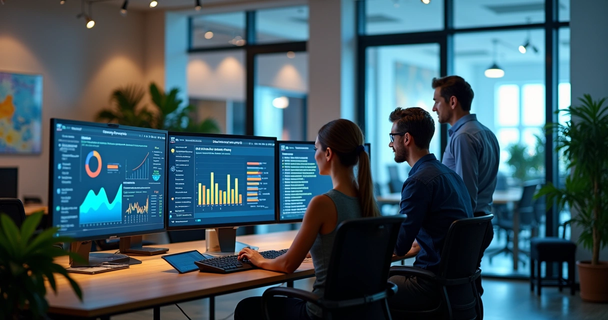 Equipe em escritório moderno monitorando indicadores de clientes em monitores grandes 