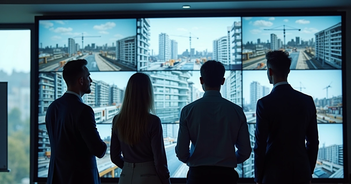 Equipe observando imagens de construção em tela grande