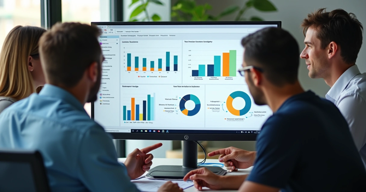Equipe analisando painel de dados de automação em tela de computador