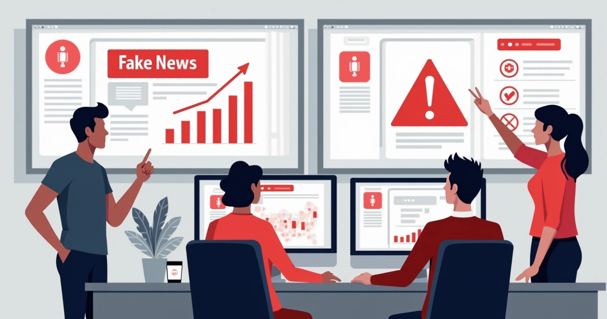 Equipe de comunicação usando computadores para monitorar fake news em ambiente corporativo 