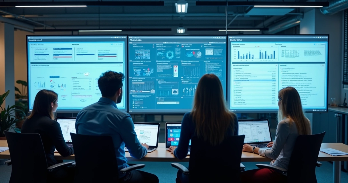 Equipe acompanhando automação inteligente em escritório 