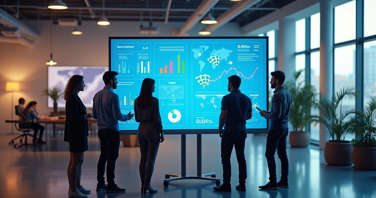 Equipe de trabalho analisando métricas e painéis em monitor 