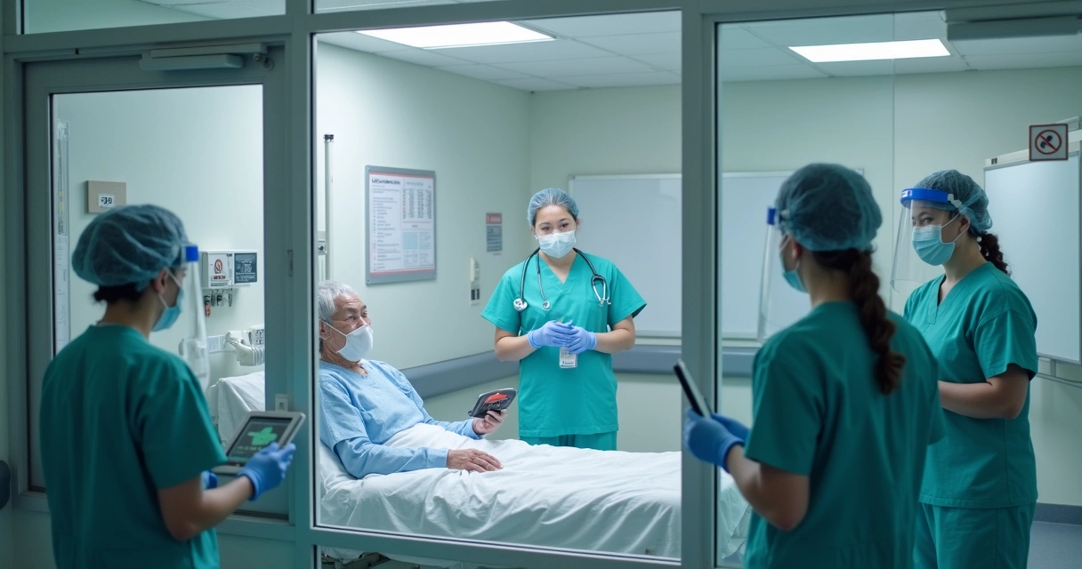Equipe médica usando EPIs monitorando paciente em isolamento respiratório