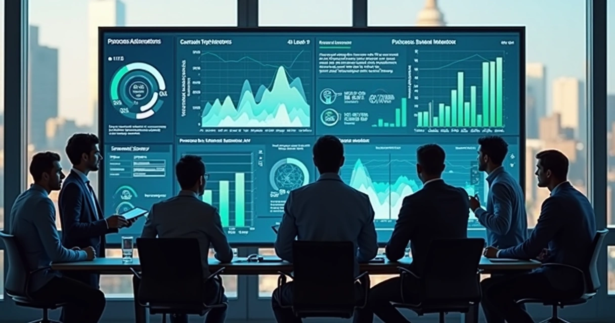 Equipe monitora automação por telas em sala corporativa 