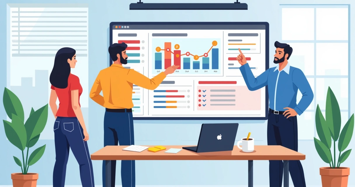 Equipe visualizando um dashboard de entregas com gráficos coloridos em tela grande 