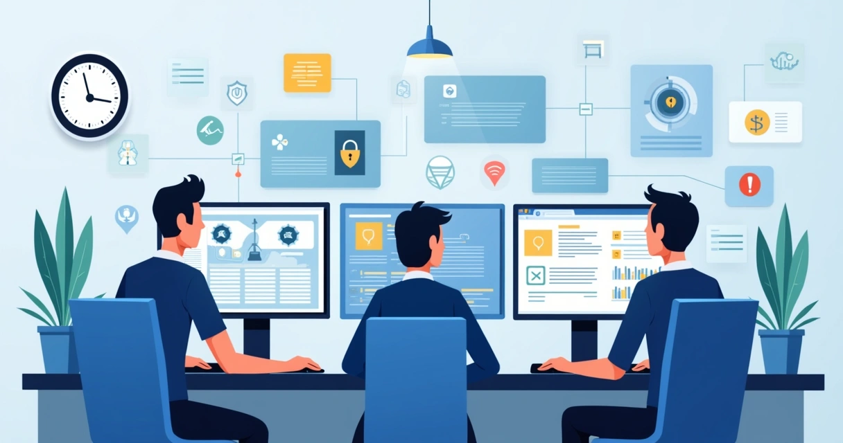 Equipe de TI monitorando telas de computador e servidores 