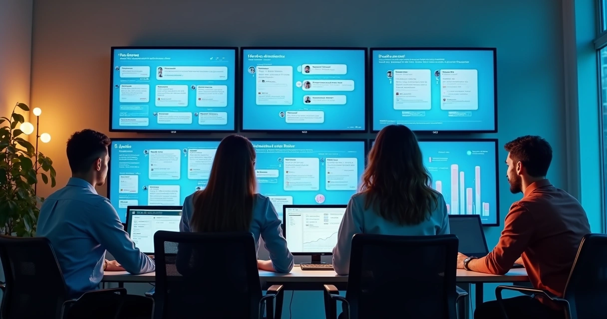 Equipe acompanhando menções da marca em telas 