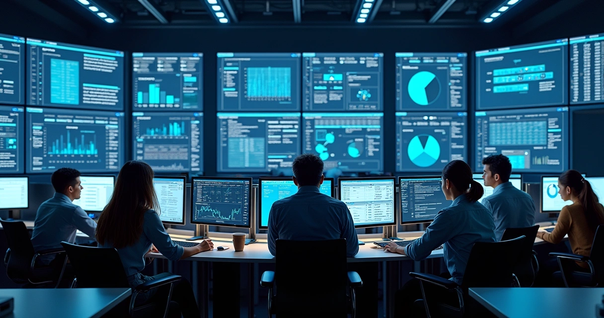 Equipe de TI monitorando servidores em sala de controle 