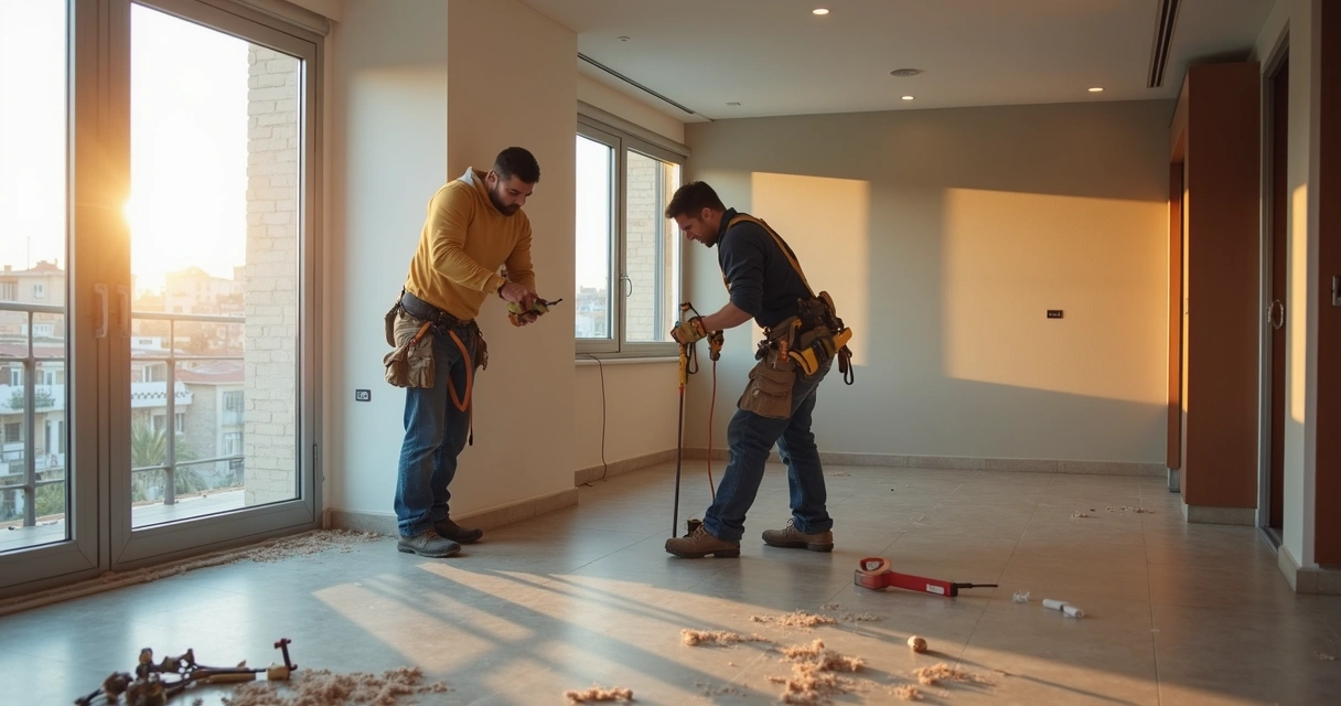 Equipe de montadores montando móveis em apartamento vazio