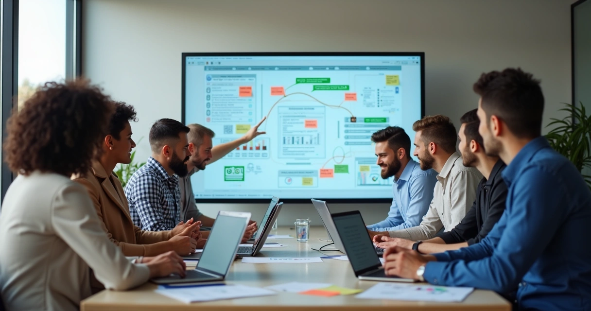 Equipe em uma mesa analisando um sistema de automação digital em computadores