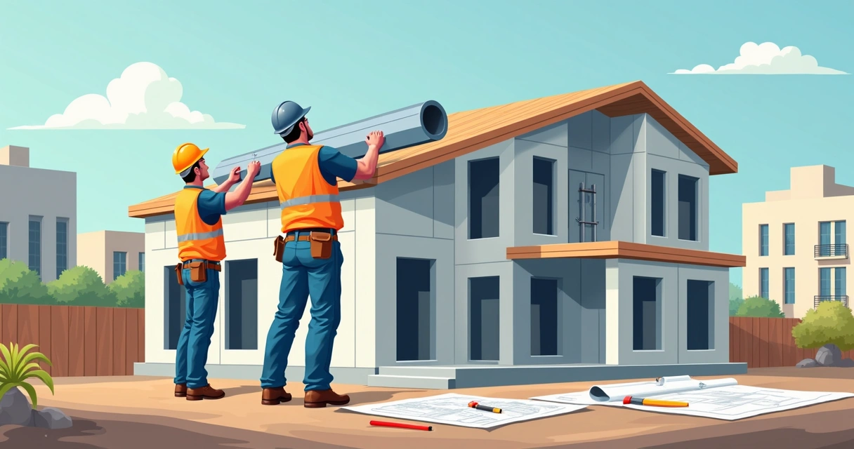 Equipe de montagem ajustando viga metálica em residência 