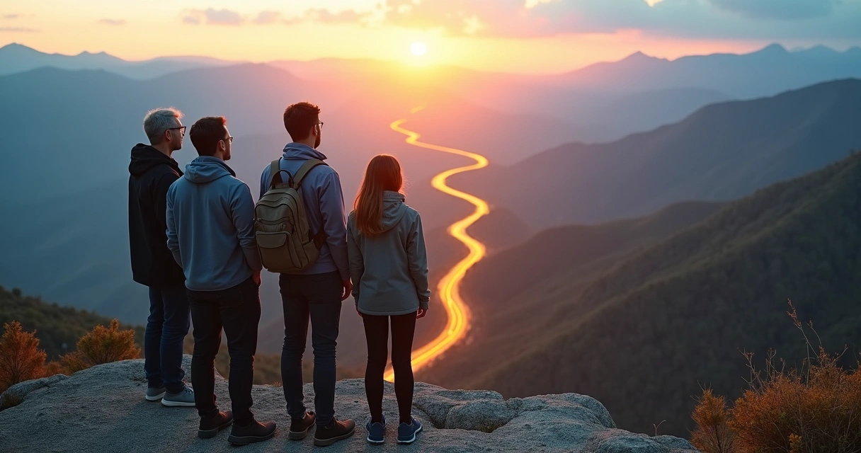 Equipe diversa no topo de montanha observando cinco trilhas ao amanhecer 
