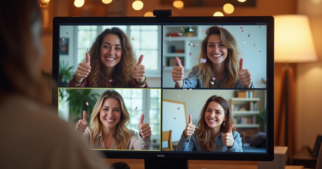 Equipe remota comemorando aprovação de projeto em videoconferência 