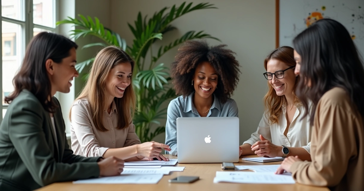 Equipe reunida em mesa de reunião, sorrindo, colaboração e confiança no ambiente