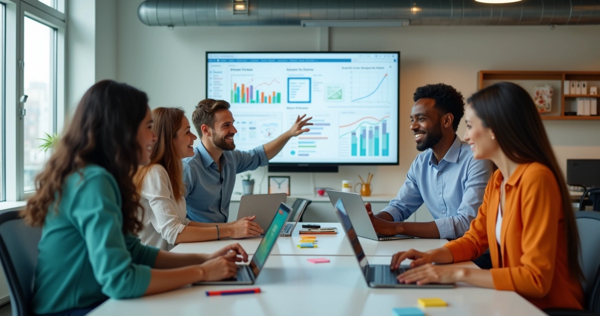 Equipe diversa motivada colaborando em escritório moderno com telas digitais ao fundo 