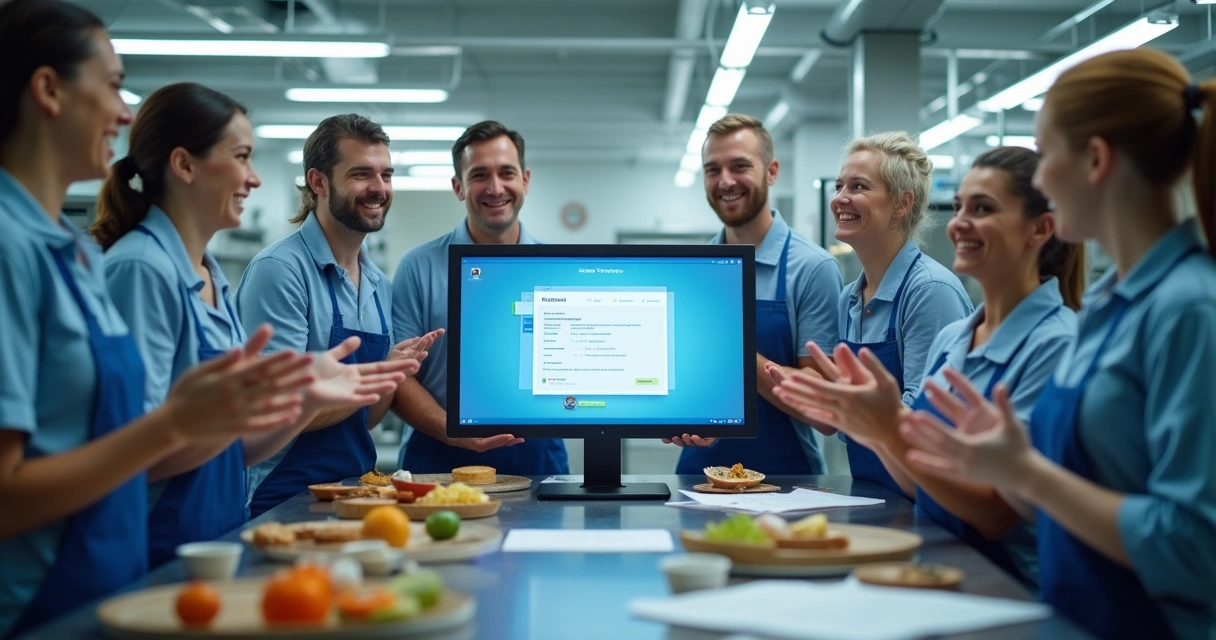 Equipe de produção alimentícia comemorando meta atingida 