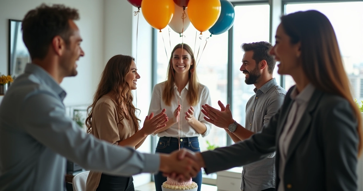 Equipe celebrando uma conquista, líderes e membros sorrindo e batendo palmas em ambiente de escritório.