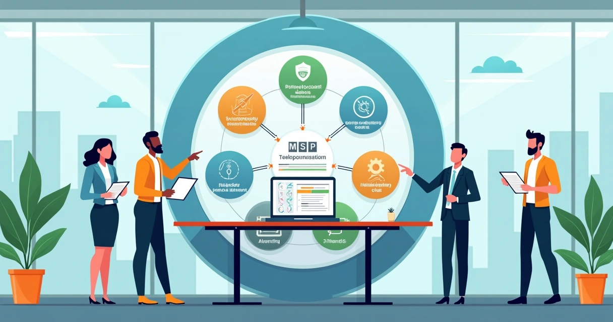 Equipe de MSP organizando painel visual de suporte técnico de TI para empresas brasileiras 