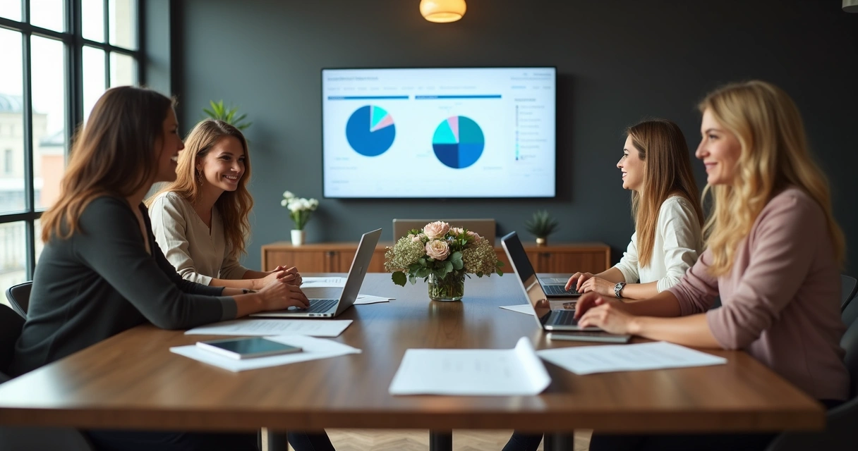 Equipe de mulheres reunidas discutindo estratégias digitais 