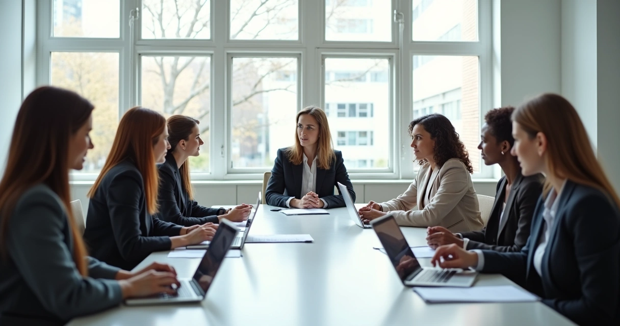 Diversas mulheres reunidas em sala de reunião corporativa 
