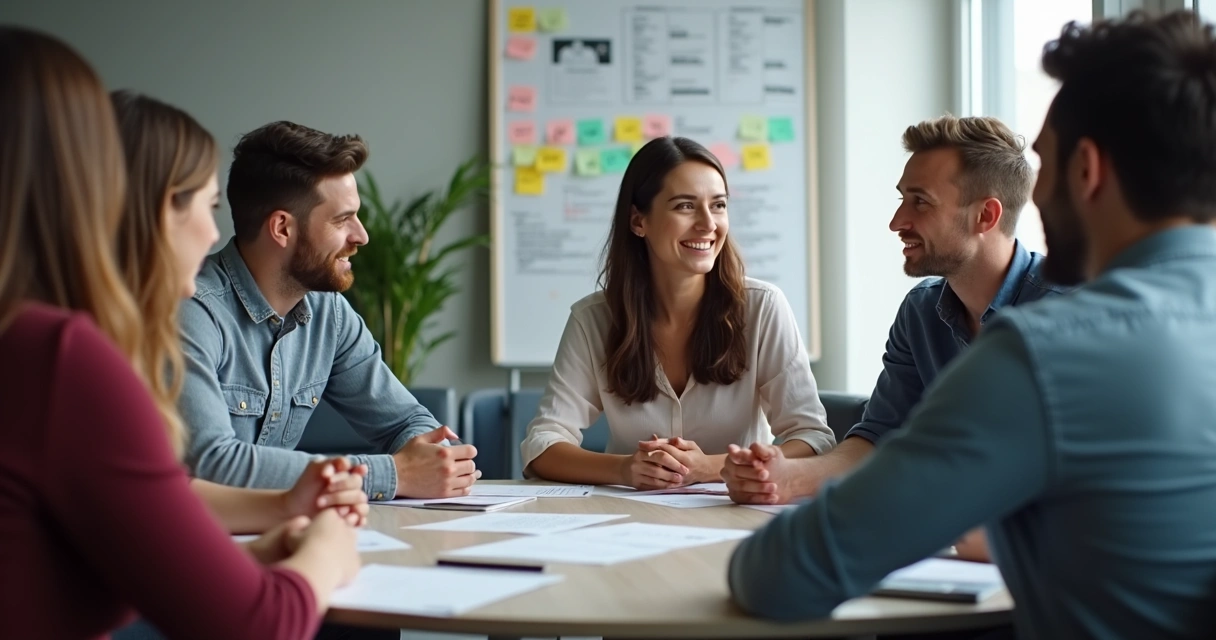Equipe multiétnica reunida em círculo conversando de modo acolhedor 